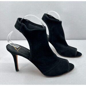 B Brian Atwood Heels Womens 9 Black Suede Peep Toe Pumps Ankle Strap Sling Back